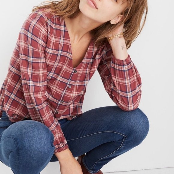 NWT Madewell Red V-Neck Button-Down Shirt Stratfield Plaid Size X Small Fall - Picture 1 of 9